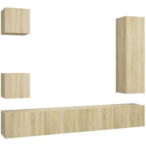 Conjunto de muebles mueble aparador TV televisión salón dormitorio salón 5 piezas roble sonoma madera contrachapada marrón 020024973
