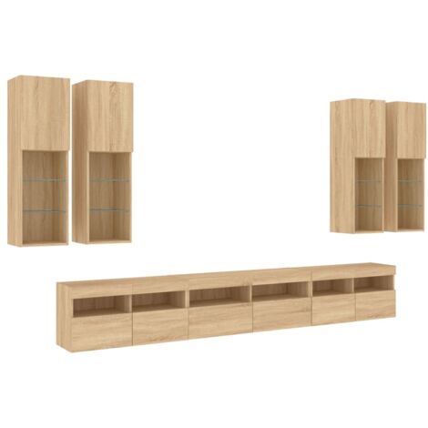 Conjunto de muebles mueble aparador TV televisión salón dormitorio salón pared x 7 piezas y luces LED roble sonoma marrón 020025375