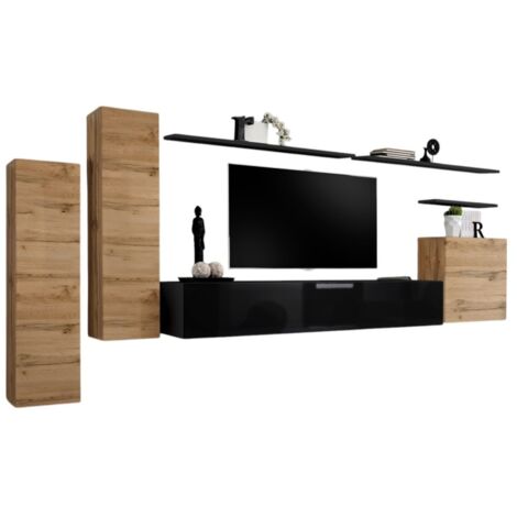 Conjunto de muebles para sala SWITCH I diseño, color roble Wotan y negro brillante.