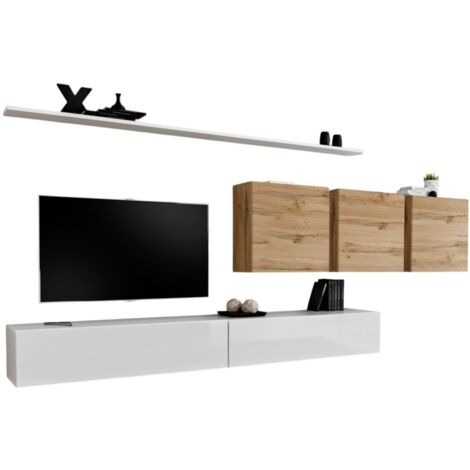 Conjunto de muebles para salón SWITCH VII diseño, en color blanco brillante y roble Wotan.