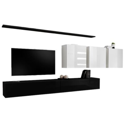 Conjunto de muebles para salón SWITCH VII – Negro y blanco brillante – Diseño suspendido y moderno