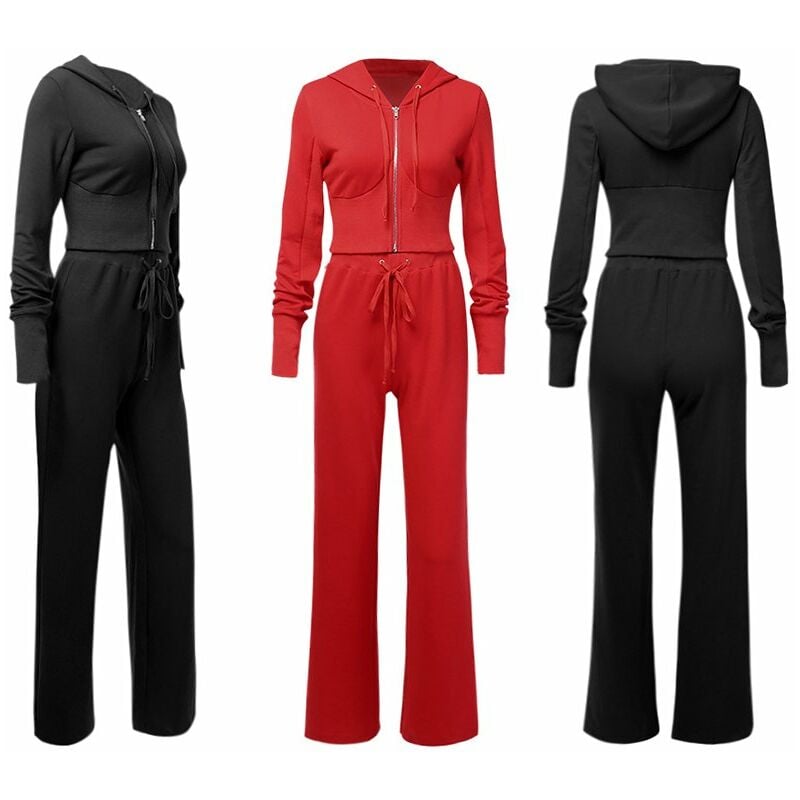 

Conjunto de pantalones con capucha para mujer, cordon con capucha, cremallera frontal, mangas largas, abrigo corto, chandal, informal, 2 uds.,Negro, S