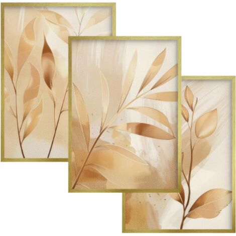 Conjunto de pósteres de pared con hojas doradas enmarcadas y glamour para el dormitorio o la sala de estar.