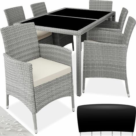 TECTAKE Conjunto de ratán 6+1 - mueble de exterior de poli ratán, set de muebles de ratán sintético con cojines y fundas, conjunto de asientos de jardín con estructura de acero