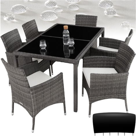 Conjunto de ratán Lisboa 6+1 - mueble de exterior de poli ratán, muebles de ratán sintético con cojines y fundas, asientos de jardín con estructura de acero