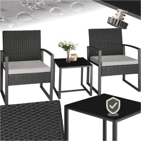 TECTAKE Conjunto de ratán GRANADA con mesa para 2 personas negro - mueble de exterior de poli ratán, muebles de ratán sintético con cojines y fundas, asientos de jardín con estructura de acero