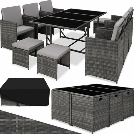 TECTAKE Conjunto de ratán Málaga 6+4+1, funda impermeable - mueble de exterior de poli ratán, muebles de ratán sintético con cojines y fundas, asientos de jardín con estructura de acero