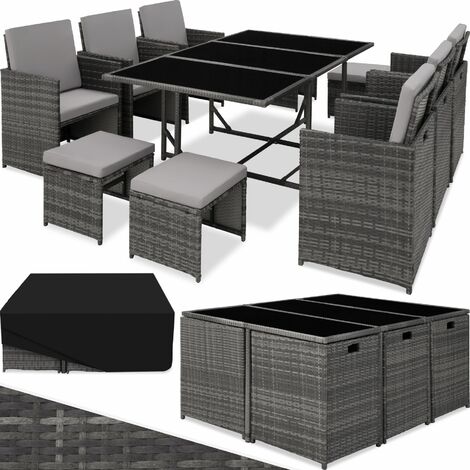 Conjunto de ratán Málaga 6+4+1, funda impermeable - mueble de exterior de poli ratán, muebles de ratán sintético con cojines y fundas, asientos de jardín con estructura de acero