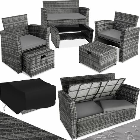 TECTAKE Conjunto de ratán Módena con funda protectora incluida - mueble de exterior de poli ratán, muebles de ratán sintético con cojines y fundas, asientos de jardín de polirratán con estructura de aluminio