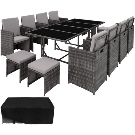 Conjunto de ratán Palma compuesto de 8+4+1 - mueble de exterior de poli ratán, muebles de ratán sintético con cojines y fundas, asientos de jardín con estructura de acero