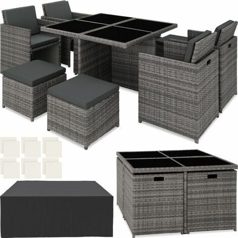 TECTAKE Conjunto de ratán y aluminio Manhattan - mueble de exterior de poli ratán, muebles de ratán sintético con cojines y fundas, asientos de jardín fáciles de limpiar