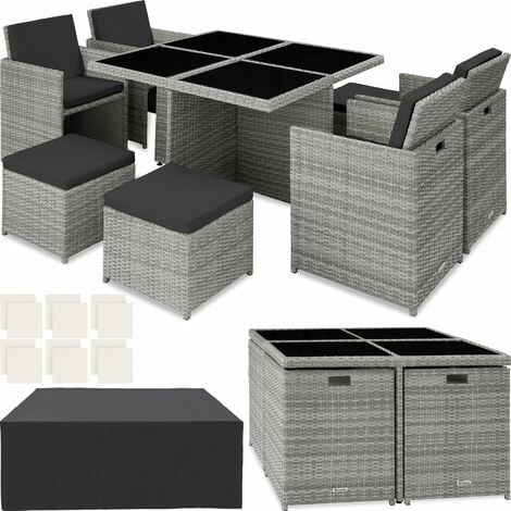 Conjunto de ratán y aluminio Manhattan - mueble de exterior de poli ratán, muebles de ratán sintético con cojines y fundas, asientos de jardín fáciles de limpiar