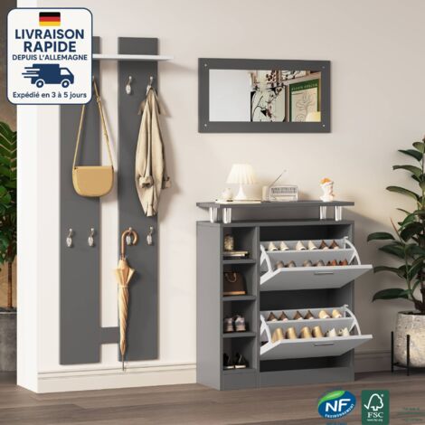 Conjunto de recibidor de pared con espejo, 2 paneles de pared, balda y zapatero - Práctico espacio de almacenaje para el recibidor - Gris antracita mate - 80 x 25 x 96,5 cm