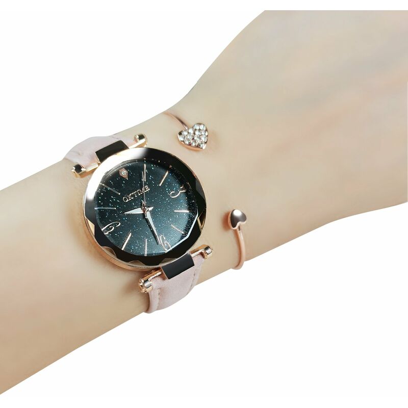 

Conjunto de reloj para mujer con pulsera Reloj de pulsera de cuarzo retro con movimiento de engranajes de manos luminosas a la moda,Rosado