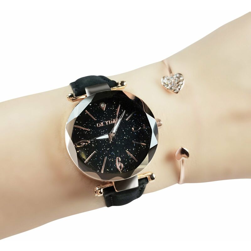

Conjunto de reloj para mujer con pulsera Reloj de pulsera de cuarzo retro con movimiento de engranajes de manos luminosas a la moda,Negro