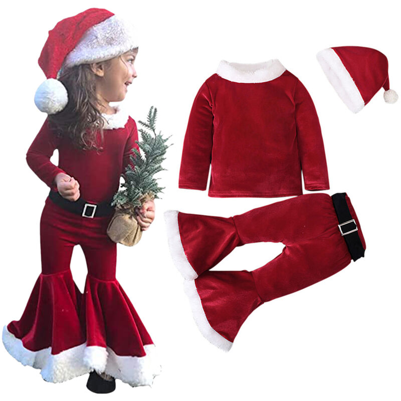 

Conjunto de ropa navidena para ninas encantadoras, manga larga, campana inferior, terciopelo coral, disfraz de Papa Noel para bebes de 1 a 7 anos,