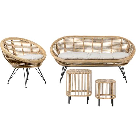 Conjunto de sala de estar 3 plazas con 2 mesas de centro auxiliares ratán sofá sillón boho beige claro cojín tela algodón resistencia media interior natural Maratea/Cesenatico