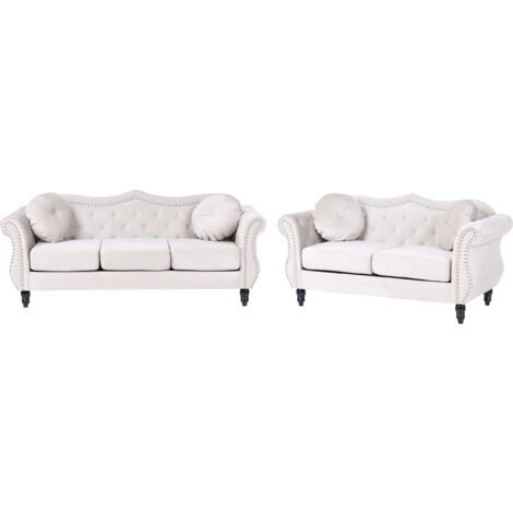 Conjunto de sala de estar en terciopelo beige 2 plazas 3 plazas apoyabrazos enrollados cojines estilo glam Skien