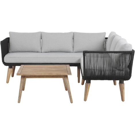 Conjunto de sala de estar esquinero 5 plazas de madera de acacia negro madera clara gris pardo Alcamo
