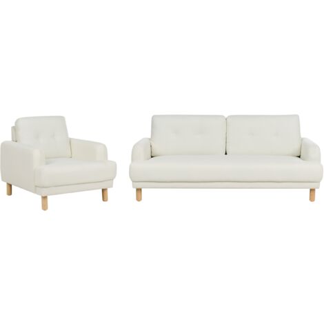 Conjunto de sala de estar retro 3 plazas sofá y sillón patas de madera asiento grueso tapizado de tela blanco crema Tuve