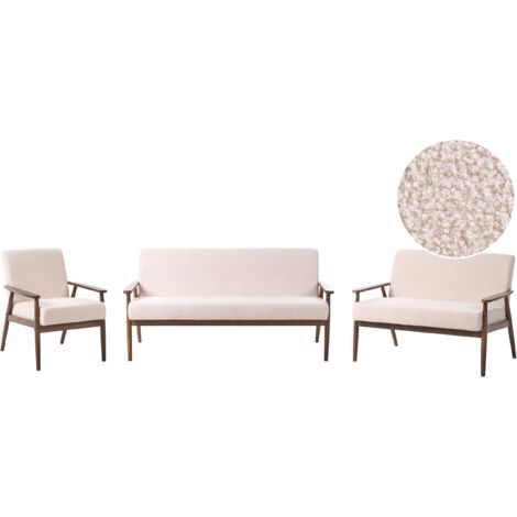 Conjunto de sala de estar retro sofá 3 plazas sofá 2 plazas y sillón tapizado de bouclé estructura de madera beige y marrón oscuro Esrum
