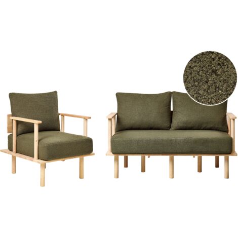 Conjunto de sala de estar sofá 2 plazas sillón respaldo acabado patas madera bouclé verde oscuro Asker