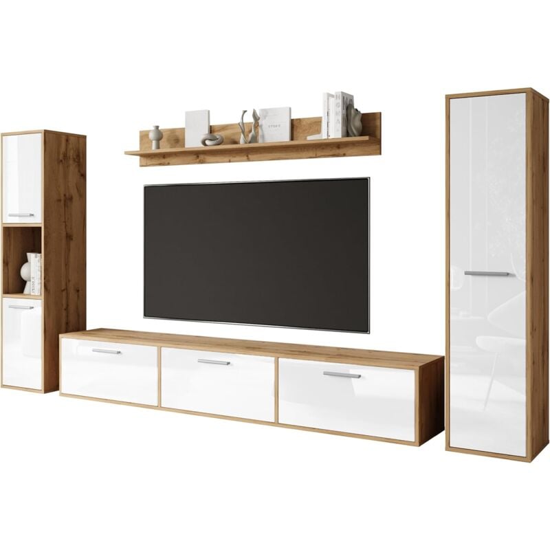 Muebles Slavic - Ensemble de meubles de salon bogota, ensemble de meubles de salon, meuble tv, couleur wotan/blanc brillant