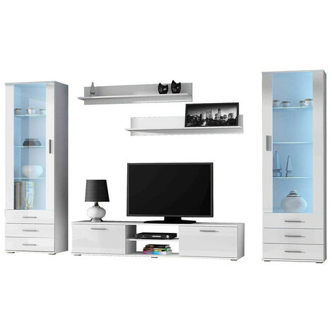 Conjunto de salón Charlotte E109, Blanco + Blanco brillante, Con equipo adicional, Partes separadas, Con mesa de TV, Aglomerado laminado, 192x43cm, LED