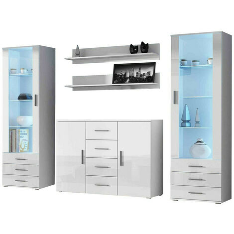 Conjunto de salón Charlotte E112, Blanco + Blanco brillante, Partes separadas, Con equipo adicional, MDF, Aglomerado laminado, Vidrio, 192x41cm, LED