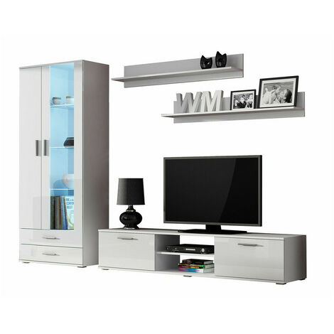 Conjunto de salón Charlotte E115, Blanco + Blanco brillante, Con mesa de TV, Con equipo adicional, Partes separadas, MDF, Aglomerado laminado, Vidrio, 192x43cm, LED