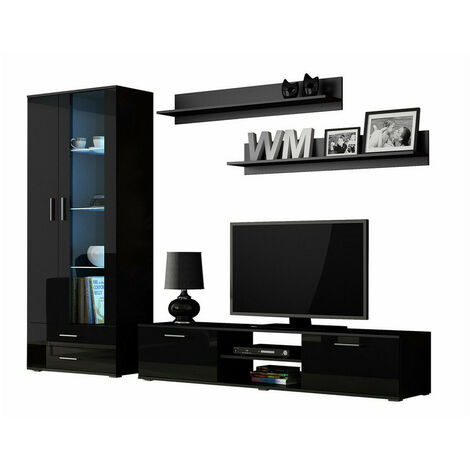 Conjunto de salón Charlotte E115, Negro + Negro brillante, Con mesa de TV, Con equipo adicional, Partes separadas, MDF, Aglomerado laminado, Vidrio, 192x43cm, LED