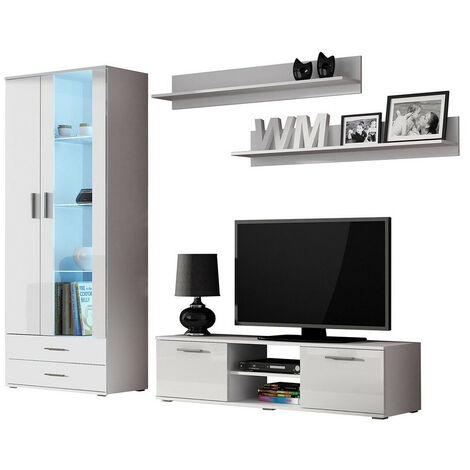 Conjunto de salón Charlotte E117, Blanco + Blanco brillante, Con mesa de TV, Con equipo adicional, Partes separadas, MDF, Aglomerado laminado, Vidrio, 192x43cm