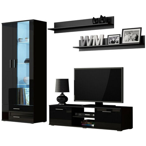 Conjunto de salón Charlotte E117, Negro + Negro brillante, Con mesa de TV, Con equipo adicional, Partes separadas, MDF, Aglomerado laminado, Vidrio, 192x43cm, LED