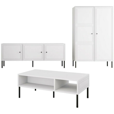 Conjunto de salón Charlotte T106, Blanco, Partes separadas, Con mesa de TV, Con equipo adicional, MDF, Aglomerado laminado