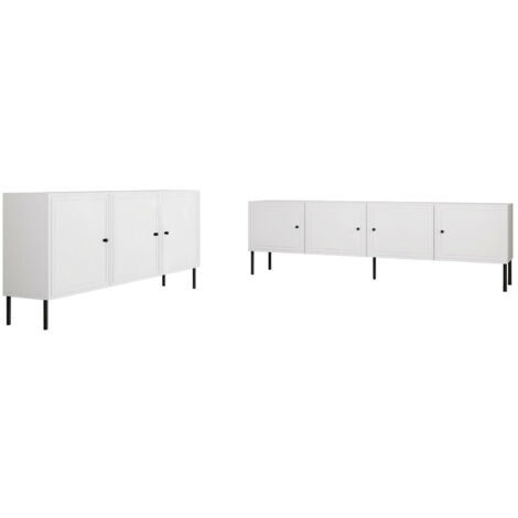 Conjunto de salón Charlotte T107, Blanco, Partes separadas, Con mesa de TV, Con equipo adicional, MDF, Aglomerado laminado