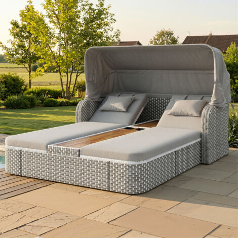 Conjunto de salón de jardín de 2 plazas de 192 x 160 cm con toldo, respaldo ajustable, portavasos y estructura de resina tejida gris.