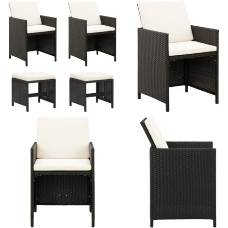 Conjunto de silla de jardín y taburete 4 piezas negra ratán PE - Taburete - Conjunto de sillas