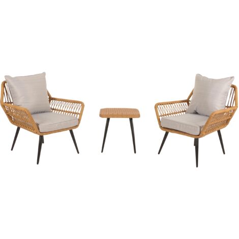 Conjunto de sillones y mesa auxiliar para jardín en poliratán y cojín gris claro 040006696