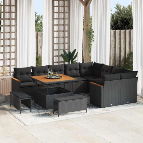 Conjunto de sofá de jardín 12 pcs Negro Rattan de Poliéster