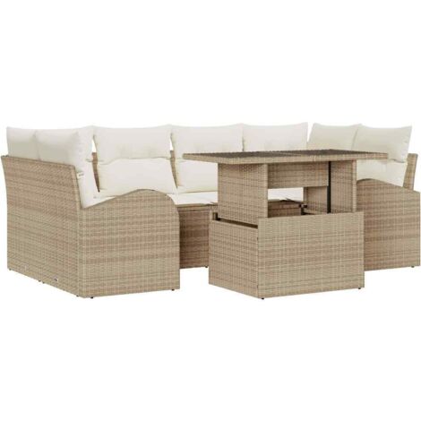 Conjunto de sofá de jardín 7 pcs Beige Rattan de Poliéster vidaXL