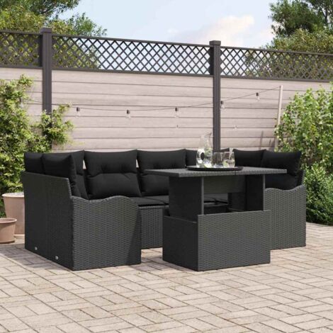 Conjunto de sofá de jardín 7 pcs Negro Rattan de Poliéster