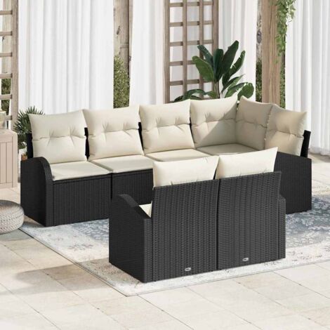 Conjunto de sofá de jardín 7 pcs Negro y blanco Poliratán