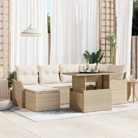 Conjunto de sofá de jardín con cojín 7 pcs Beige Poliratán vidaXL
