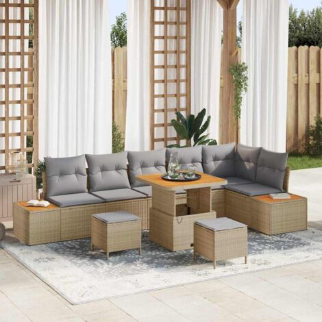 Conjunto de sofá de jardín con cojín 9 pcs Beige Poliratán vidaXL