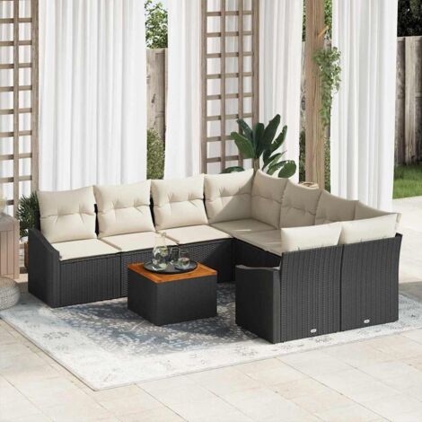 Conjunto de sofá de jardín con cojín 9 pcs Negro Poliratán