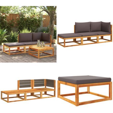 Conjunto de sofá de jardín de 3 piezas con cojines de madera de acacia y cuerda - Cojín de madera - Muebles de jardín