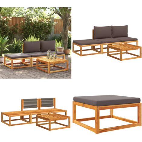 Conjunto de sofá de jardín de 4 piezas con cojines de madera de acacia y cuerda - Cojín de madera - Muebles de jardín