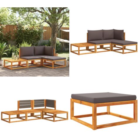 Conjunto de sofá de jardín de 4 piezas con cojines de madera de acacia y cuerda - Muebles de jardín - Cojines de madera