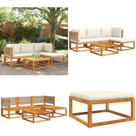 Conjunto de sofá de jardín de 5 piezas con cojines de madera de acacia y cuerda - Muebles de jardín - Cojines de madera