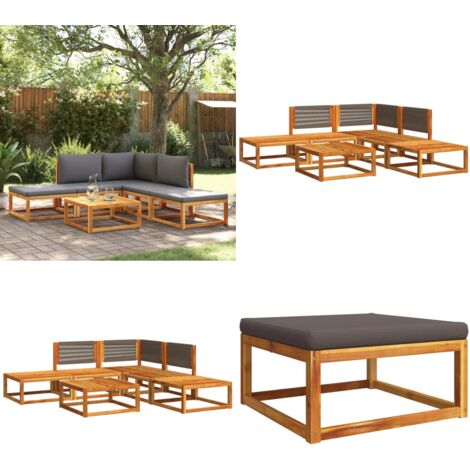Conjunto de sofá de jardín de 6 piezas con cojines de madera de acacia y cuerda - Cojín de madera - Muebles de jardín